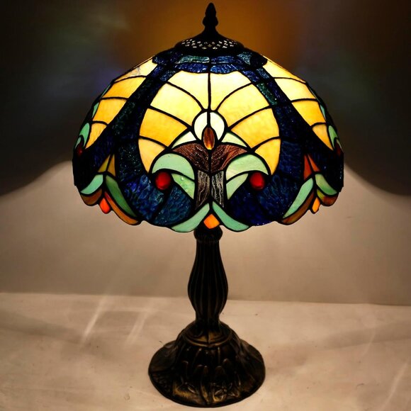 Tiffany Style Lamp Handcrafted Stained Glass Table Lamp Blue Yellow Liaison - Picture 3 of 4